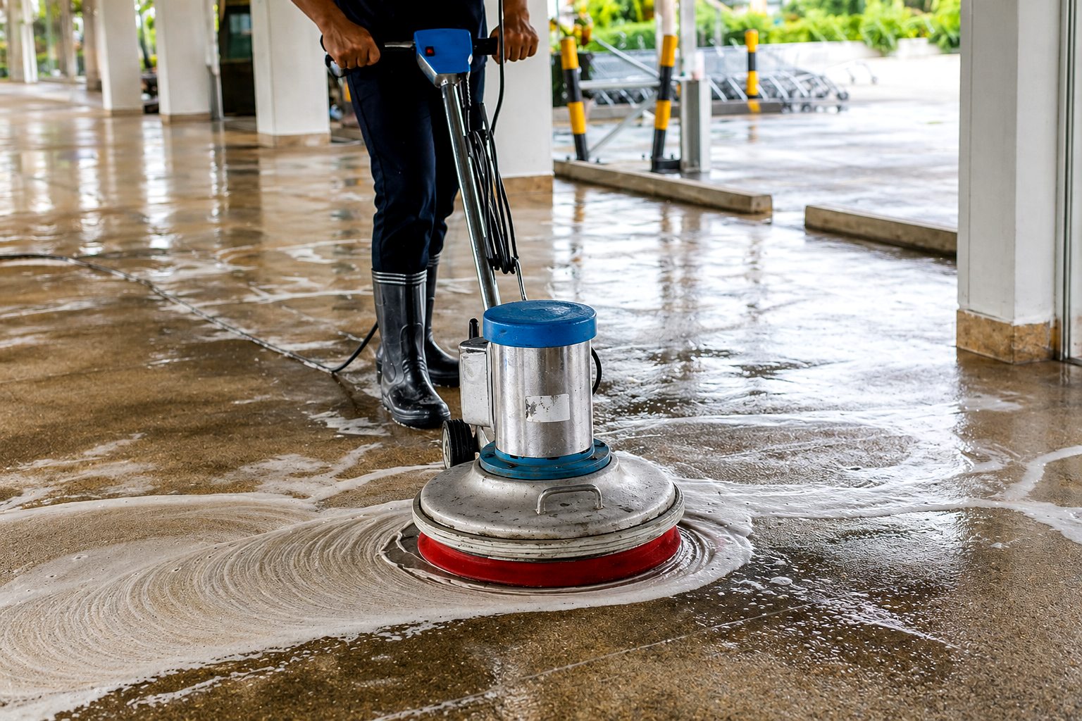 Pulidora industrial lavando piso nave industrial Tampico JALMOR