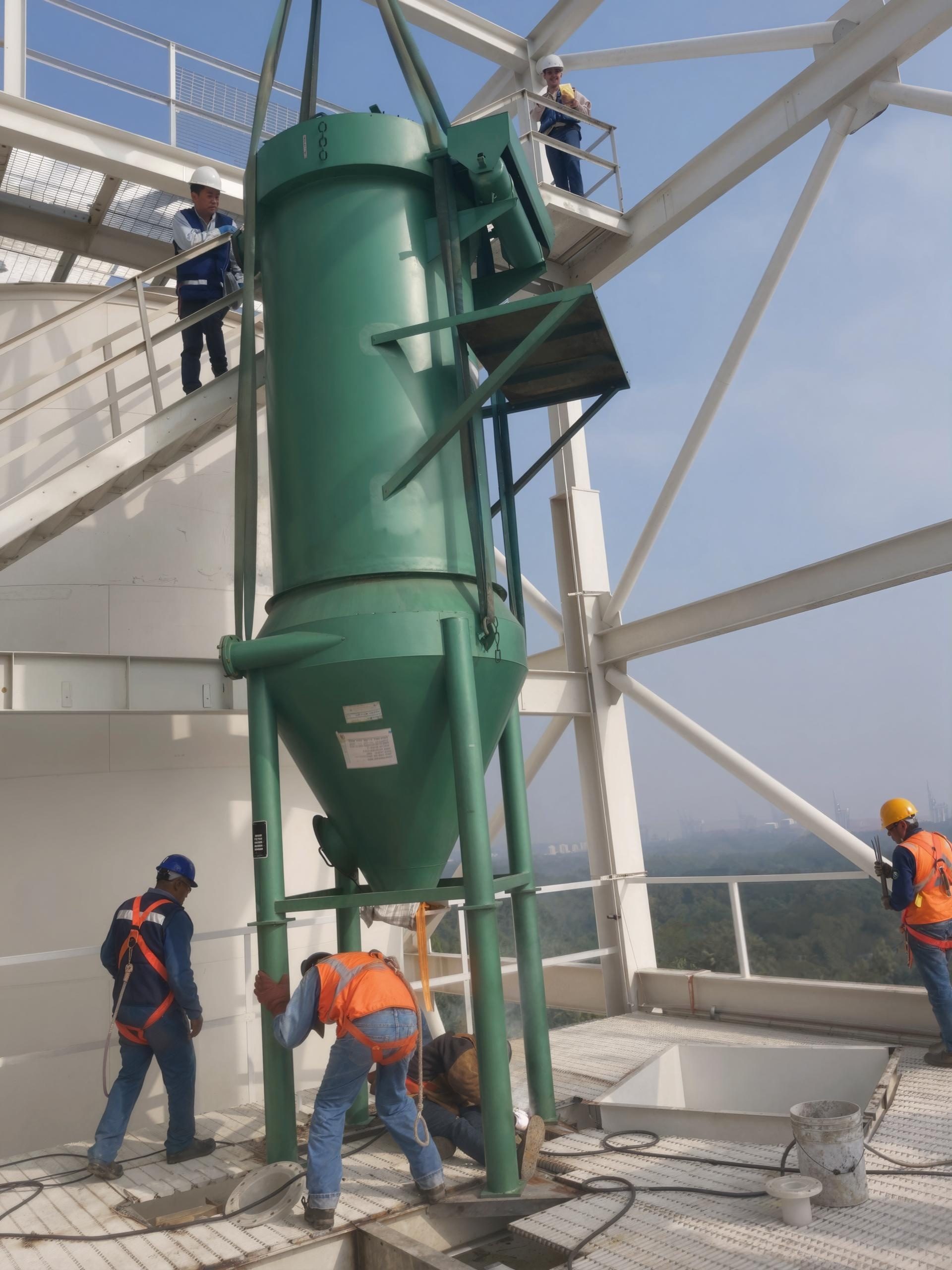 Técnicos JALMOR instalando equipo industrial en altura arnés seguridad planta Tampico