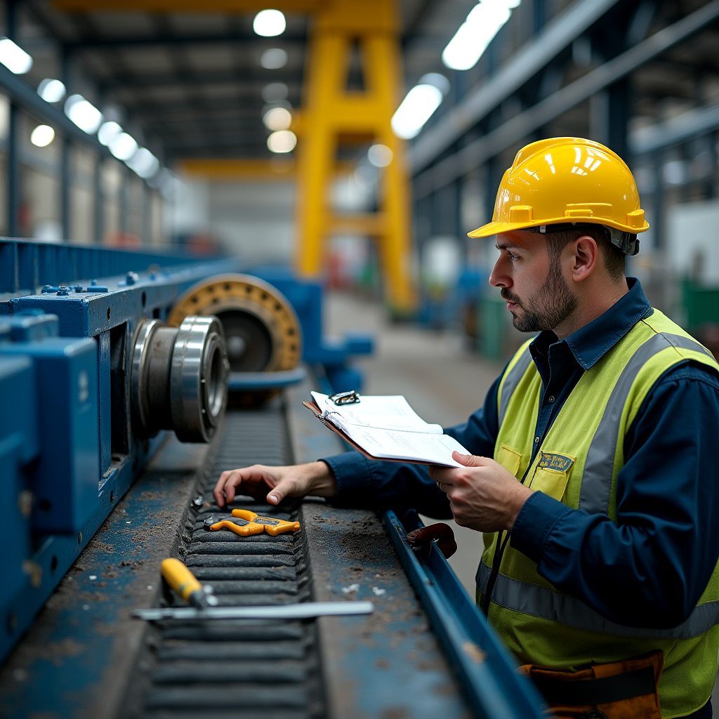 Técnico JALMOR inspeccionando maquinaria nave industrial Tampico con checklist